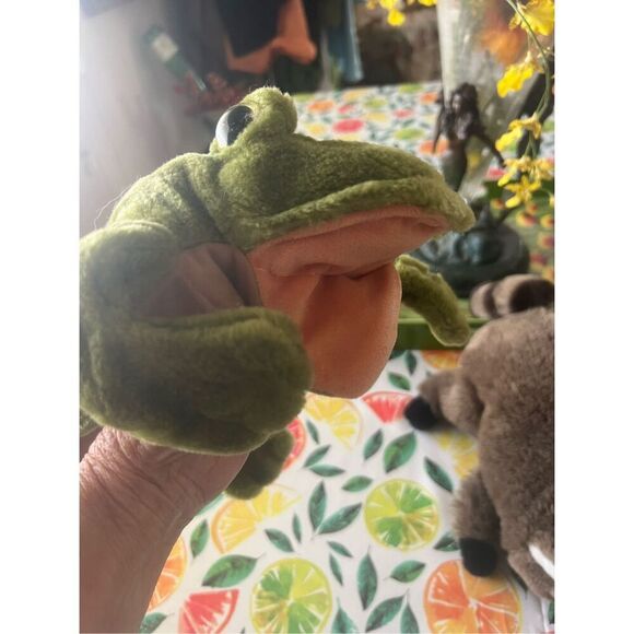 Three vintage plush hand puppets, jack rabbit, raccoon and frog folkmanis, dakin - Picture 2 of 16